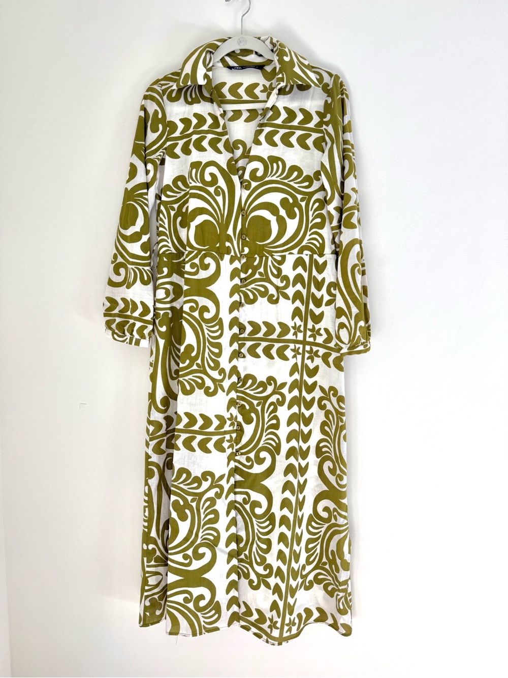 Zara Border Print Shirt Maxi Dress - Olive Green & White (Modified Fit)